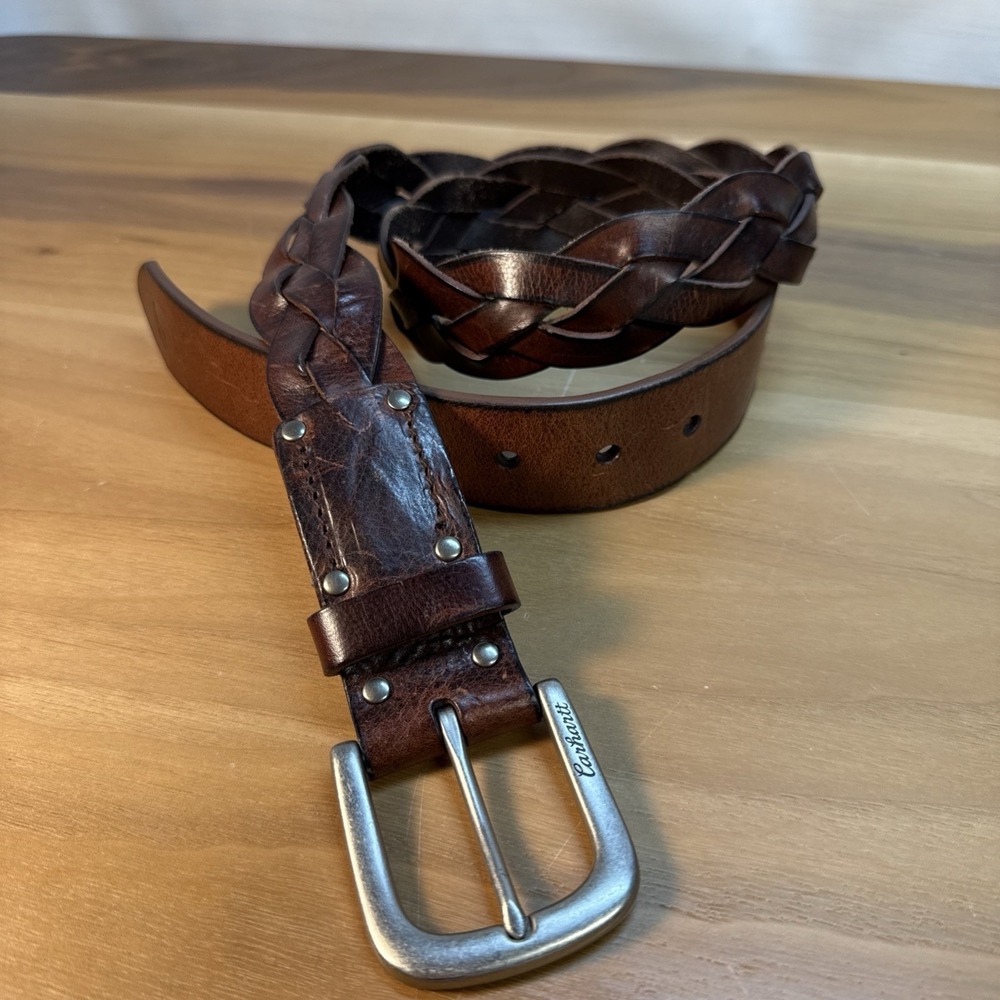 Carhartt Brown Braided Leather Belt Sz L Distressed Brushed Silver Metal Buckle